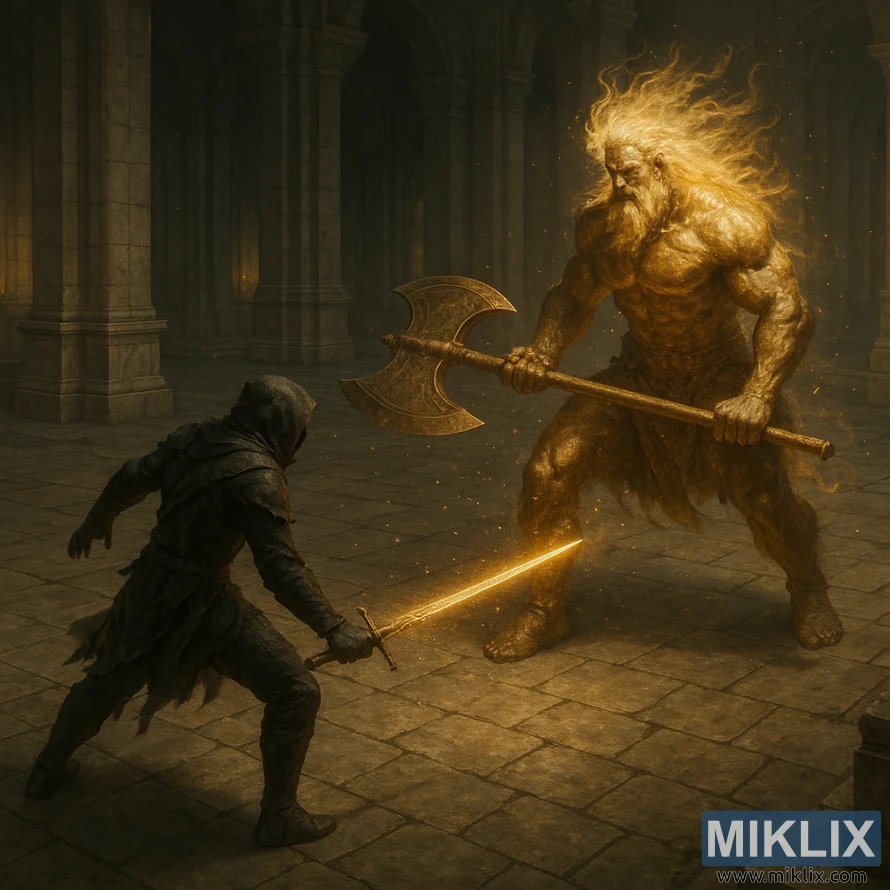A realistic Elden Ring-inspired scene of the Tarnished facing Godfrey with a glowing sword and a massive golden axe in an ancient stone hall.