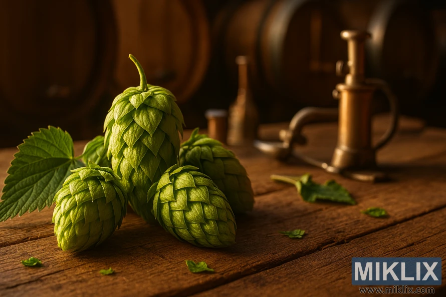 Close-up of vibrant green Warrior hop cones on a rustic wooden brewery table with brewing equipment and barrels in the background
