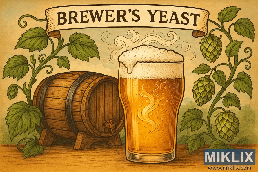 Detailed hand-drawn illustration of a golden beer with a creamy head beside a wooden barrel and lush hop bines, under a 'Brewer’s Yeast' banner. Detailed hand-drawn illustration of a golden beer with a creamy head beside a wooden barrel and lush hop bines, under a 'Brewer’s Yeast' banner.