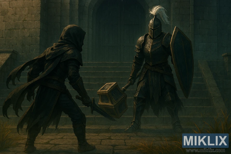 Semi-realistic image of the Tarnished in Black Knife armor confronting Black Knight Garrew in Fog Rift Fort