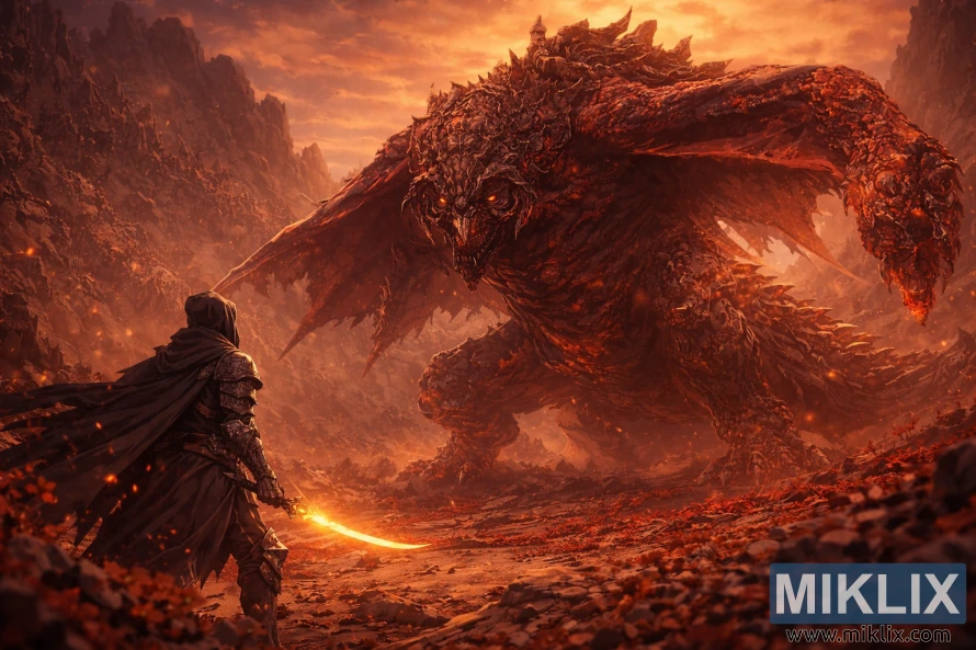 Anime-style fan art of the Tarnished in Black Knife armor confronting the colossal Bayle the Dread on the fiery slopes of Jagged Peak just before battle.