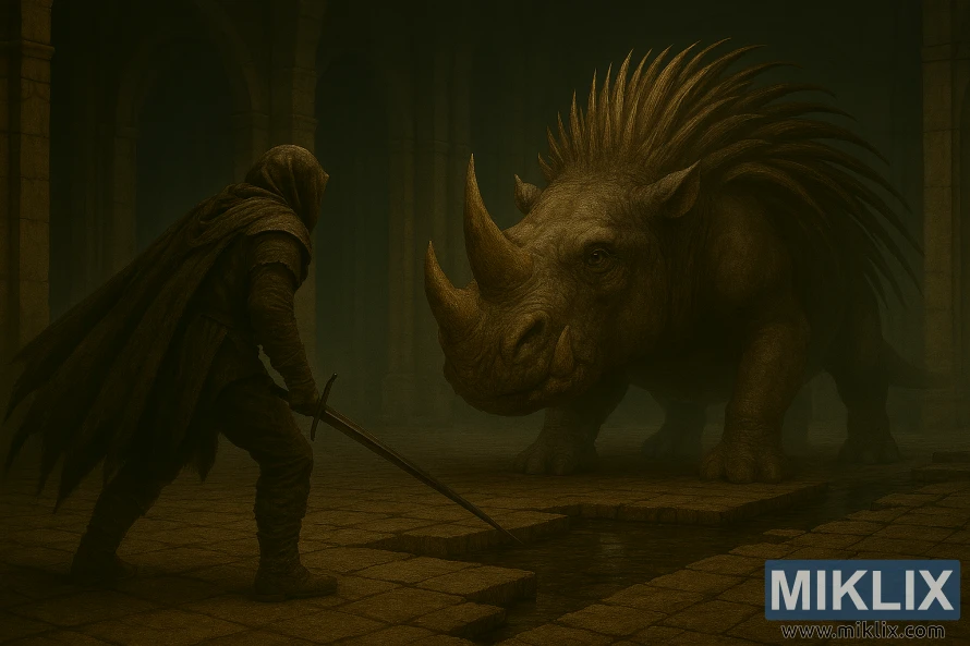 Realistic dark fantasy art of the Tarnished in Black Knife armor confronting a colossal horned beast with spiked back in Elden Ring: Shadow of the Erdtree