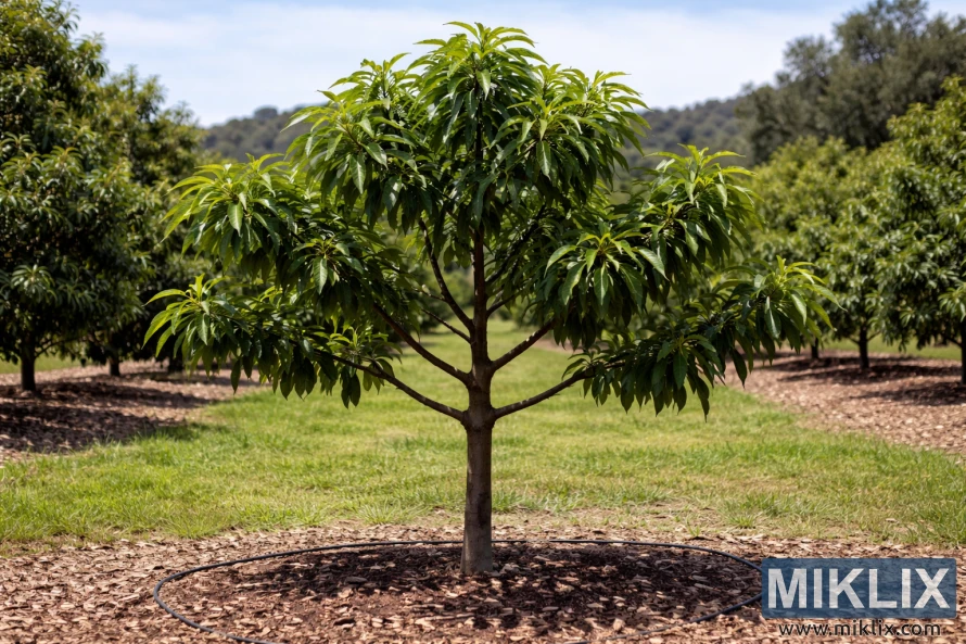 Young avocado tree with ideal branching structure, evenly spaced limbs, and healthy green foliage in a well maintained orchard.