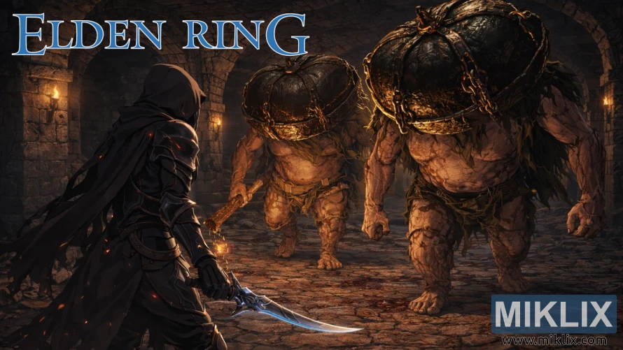 Fan art of Elden Ring player in Black Knife armor battling two Mad Pumpkin Heads in Caelem Ruins