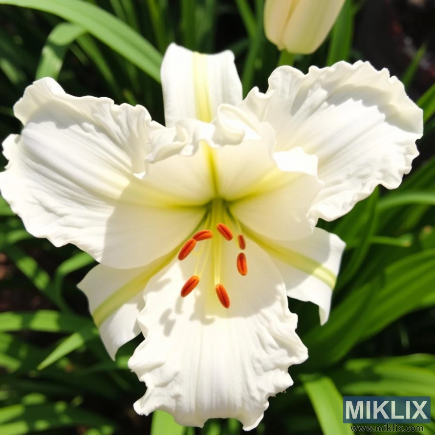 White lily with ruffled petals, orange stamens, and green foliage in a garden setting.