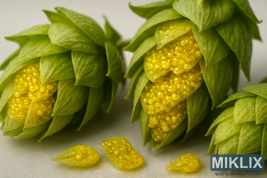 લેન્ડહોફેન હોપ કોનનો ક્લોઝ-અપ જેમાં સોનેરી લ્યુપ્યુલિન ગ્રંથીઓ દેખાય છે.