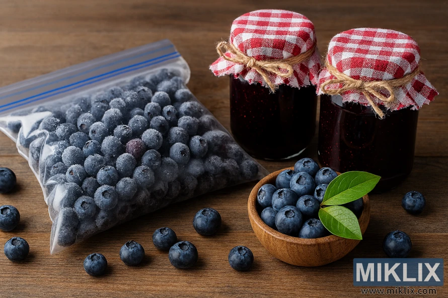Image showing frozen blueberries, blueberry jam jars, dried berries on a tray, and vacuum-sealed pouch on a rustic wooden surface