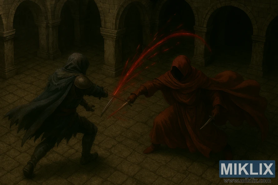 Realistic fantasy art of the Tarnished fighting hooded Esgar, Priest of Blood, in Elden Ring's Leyndell Catacombs