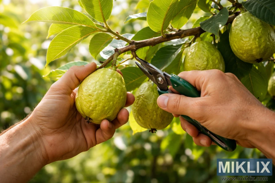 Hands carefully harvesting ripe green guavas from a tree branch using pruning shears in bright natural sunlight.