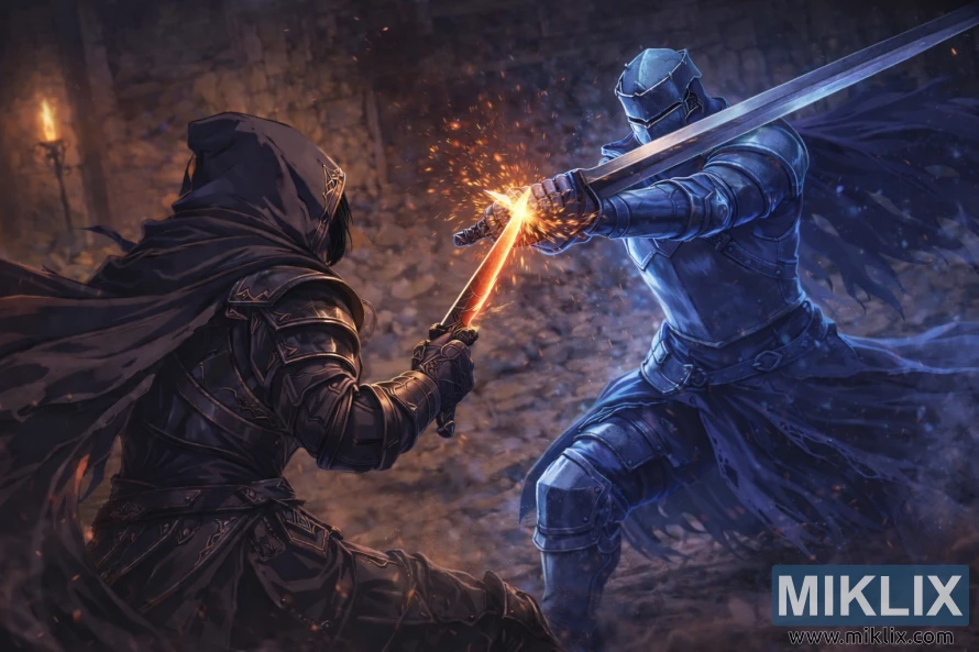 कालो चक्कु कवचमा टार्निश्डको एनिमे-शैलीको फ्यान आर्ट आंशिक रूपमा पछाडिबाट देखिएको छ, टर्चलाइट कालकोठरीमा एकान्त जेलको नीलो वर्णक्रमीय नाइटसँग द्वन्द्व गर्दै जब तिनीहरूको खंजर र दुई हात भएको तरवार उड्ने स्पार्कहरूसँग भिड्छ।