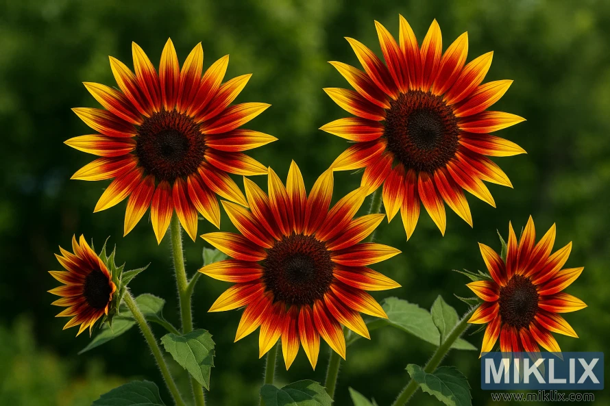 Nahaufnahme von mehrstämmigen Firecracker-Sonnenblumen mit leuchtend roten und gelben zweifarbigen Blütenblättern und dunkler Mitte in einem Sommergarten. Nahaufnahme von mehrstämmigen Firecracker-Sonnenblumen mit leuchtend roten und gelben zweifarbigen Blütenblättern und dunkler Mitte in einem Sommergarten.
