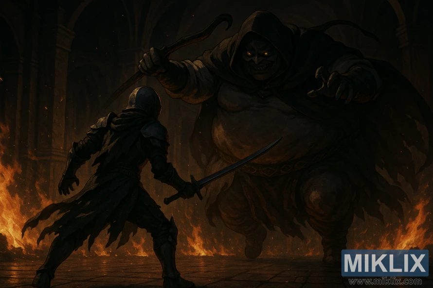 Wurin da ba a sani ba na wani Tarnished yana fuskantar Godskin Noble a cikin wani dakin da ke cin wuta na Volcano Manor.