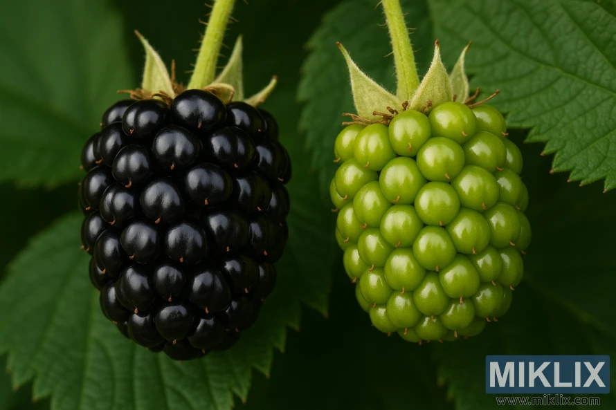 Prinokusių juodųjų ir neprinokusių žalių gervuogių palyginimas stambaus plano plane, greta augančių ant stiebų žalių lapų fone. Prinokusių juodųjų ir neprinokusių žalių gervuogių palyginimas stambaus plano plane, greta augančių ant stiebų žalių lapų fone.