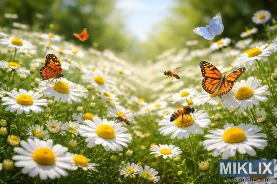 Bees and colorful butterflies visit blooming chamomile flowers in a sunlit garden.