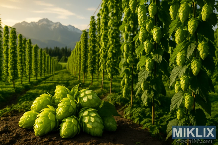 Wide-angle view of vibrant green Olympic hops cascading from tall trellises with harvested cones in the foreground and the Olympic Mountains in the background. Wide-angle view of vibrant green Olympic hops cascading from tall trellises with harvested cones in the foreground and the Olympic Mountains in the background.