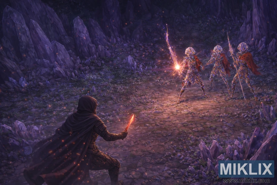 Izometrijska anime stil fan art Tarnished in Black Knife oklop okrenut prema Truli Cristal Trio u sjajnoj kristalnoj pećini. Izometrijska anime stil fan art Tarnished in Black Knife oklop okrenut prema Truli Cristal Trio u sjajnoj kristalnoj pećini.