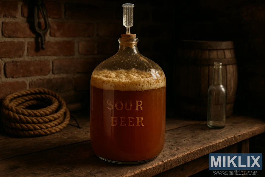 Maalähedases telliskiviseinte ja õllepruulimisriistadega kodupruulimise ruumis seisab puidust tööpingil kääriva hapu õllega täidetud klaasist pudelike.