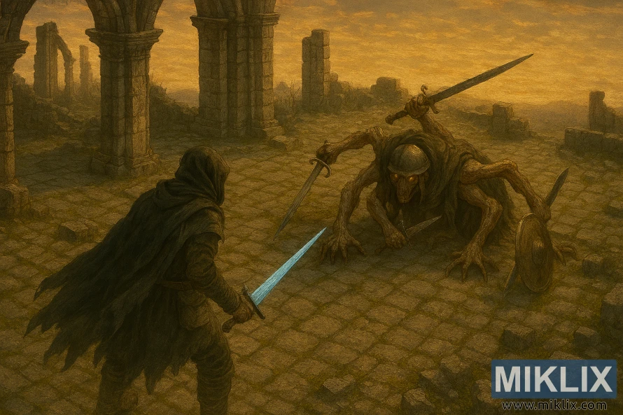 Semi-realistic Elden Ring fan art of the Tarnished confronting a grotesque, helmeted Grafted Scion crawling on limbs