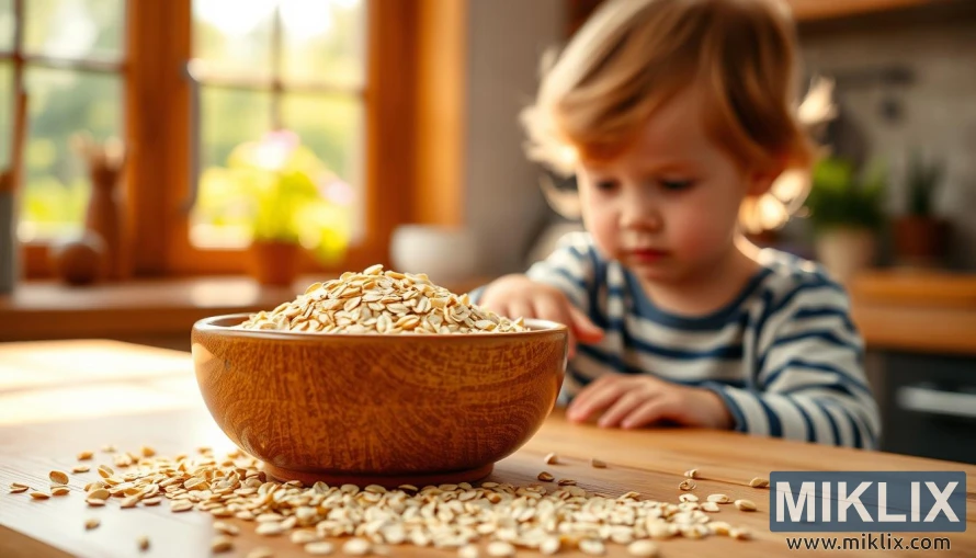 Nen buscant un bol de civada daurada sobre una taula de fusta en una cuina assolellada. Nen buscant un bol de civada daurada sobre una taula de fusta en una cuina assolellada.
