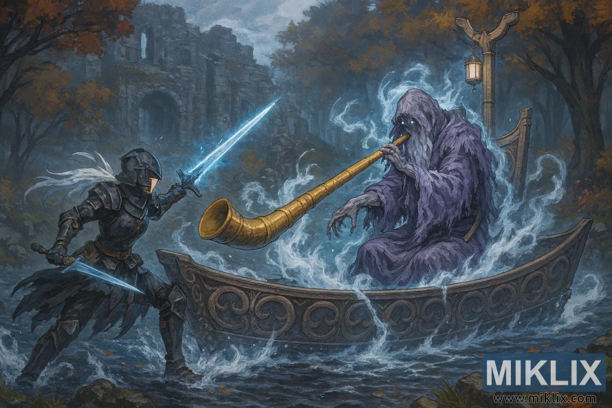 Anime-style battle scene of the Tarnished fighting Tibia Mariner in Elden Ring's Wyndham Ruins