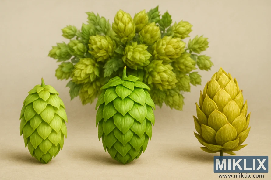 प्रदर्शन पर कैस्केड, सेंटेनियल और चिनूक हॉप शंकु का क्लोज-अप। प्रदर्शन पर कैस्केड, सेंटेनियल और चिनूक हॉप शंकु का क्लोज-अप।