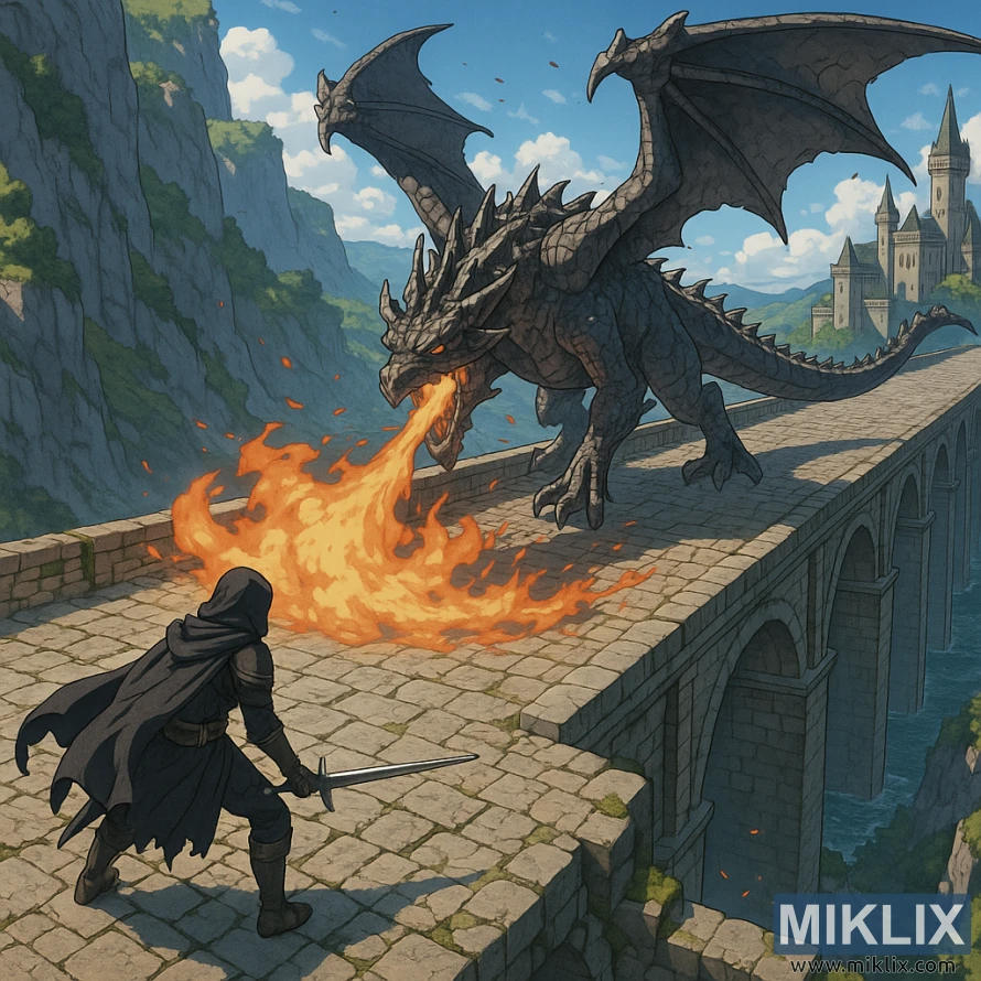 Izometrikus anime stílusú jelenet, amelyben a Tarnished a Repülő Sárkánnyal, Greyll-lel néz szembe a Farum Nagyhídon az Elden Ringen. Izometrikus anime stílusú jelenet, amelyben a Tarnished a Repülő Sárkánnyal, Greyll-lel néz szembe a Farum Nagyhídon az Elden Ringen.