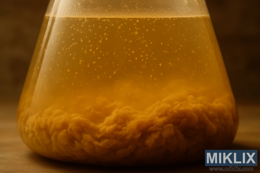 Kusa da fermenter na conical tare da ruwan zinari yana nuna yawo yisti da matsuguni a ƙasa.