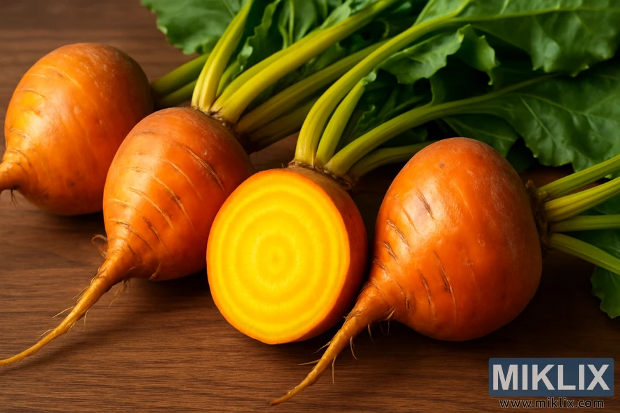 Чотири буряки сорту «Тачстоун Голд» на дерев’яній поверхні, один з яких розрізаний, щоб виявити яскраво-золоту середину. Чотири буряки сорту «Тачстоун Голд» на дерев’яній поверхні, один з яких розрізаний, щоб виявити яскраво-золоту середину.