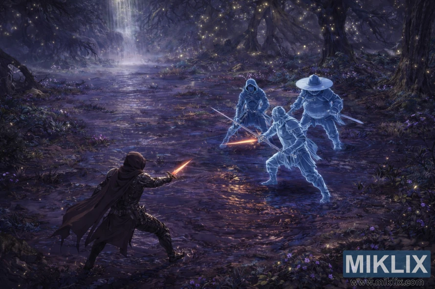 Seni penggemar Elden Ring gaya anime isometrik sing nuduhake wong sing nganggo waja Pisau Ireng sing Tarnished madhep telung Juara memedi ing Deeproot Depths sing mencorong.