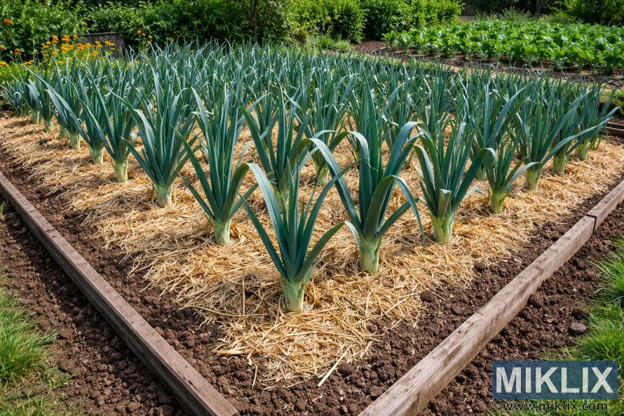 Landscape view of a well-maintained leek bed showing evenly spaced leeks growing in dark soil with a neat layer of straw mulch.