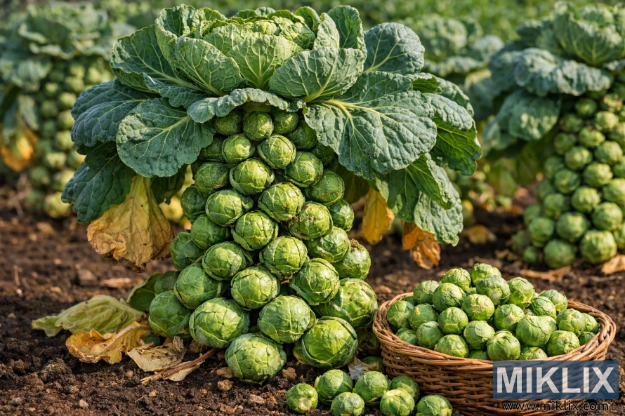 Long Island Improved heirloom Brussels sprouts plant with a thick stalk, tightly packed green sprouts, and a wicker basket of harvested sprouts in a sunlit garden.