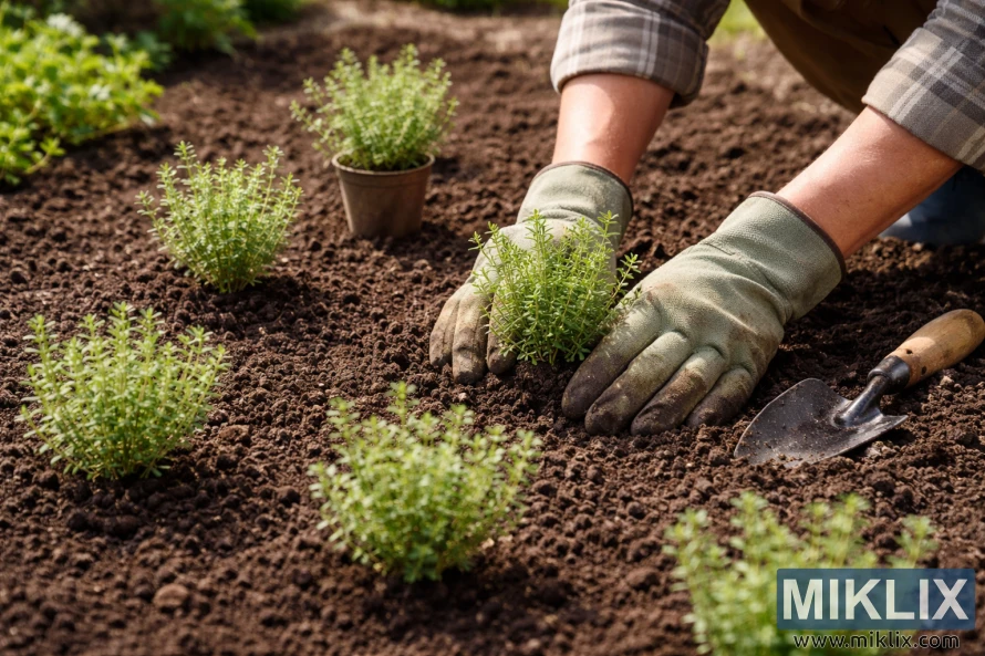 Gardener wearing gloves plants thyme seedlings in rich soil with even spacing, with a hand trowel nearby in a sunlit garden bed.