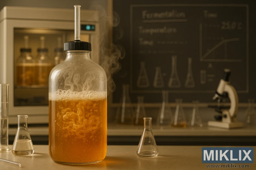 સારી રીતે પ્રકાશિત પ્રયોગશાળામાં સોનેરી પ્રવાહીના પરપોટા સાથે કાચનો આથો.