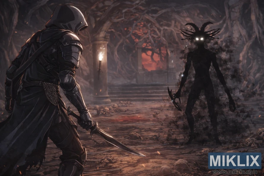 Anime style fan art of the Tarnished in Black Knife armor facing the Cemetery Shade in the eerie Caelid Catacombs, moments before combat begins.