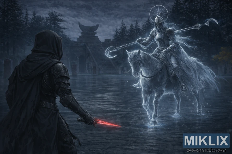 Fan art of Black Knife armor player facing Royal Knight Loretta in Caria Manor from Elden Ring Fan art of Black Knife armor player facing Royal Knight Loretta in Caria Manor from Elden Ring