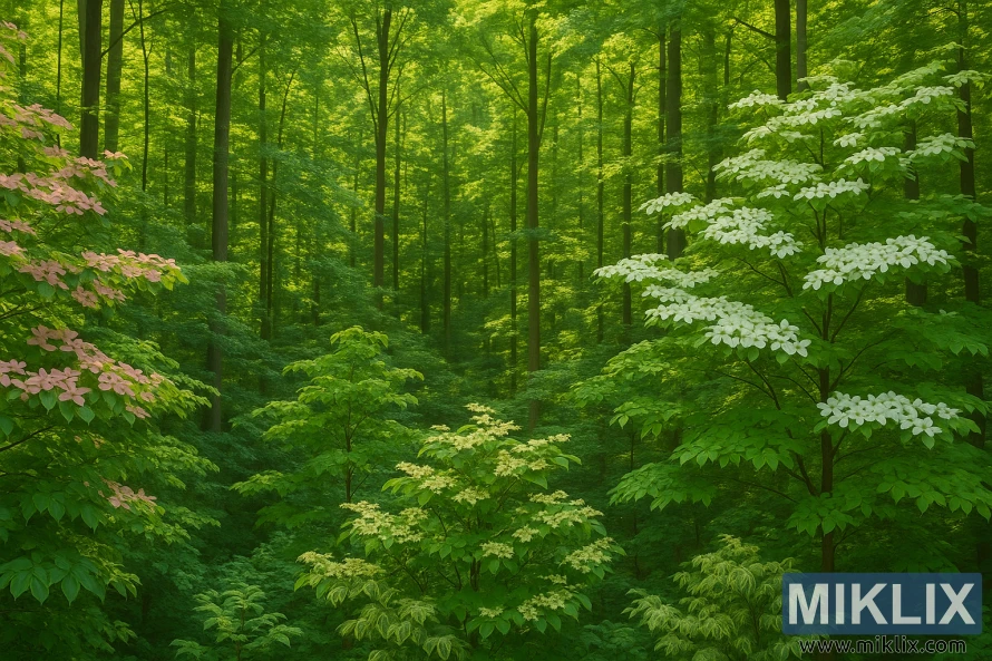 Múltiples arbres de sanguinyol en flor sota la llum del sol d'estiu en un bosc verd i dens.