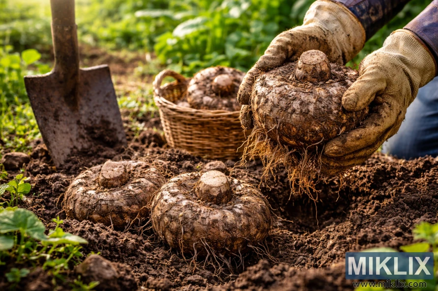 Gloved hands lift a freshly dug konjac tuber from dark soil in a garden, with other roots on the ground, a shovel nearby, and a wicker basket of harvested tubers in the background.