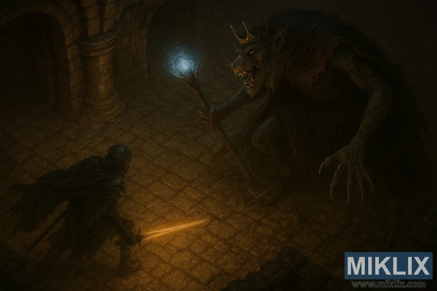 Realistic fantasy art of the Tarnished in Black Knife armor battling Demi-Human Queen Gilika in a stone cellar.