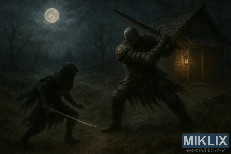 Dark realistic painting of a Tarnished warrior and the Bell-Bearing Hunter fighting outside the Isolated Merchant's Shack beneath a full moon. Dark realistic painting of a Tarnished warrior and the Bell-Bearing Hunter fighting outside the Isolated Merchant's Shack beneath a full moon.