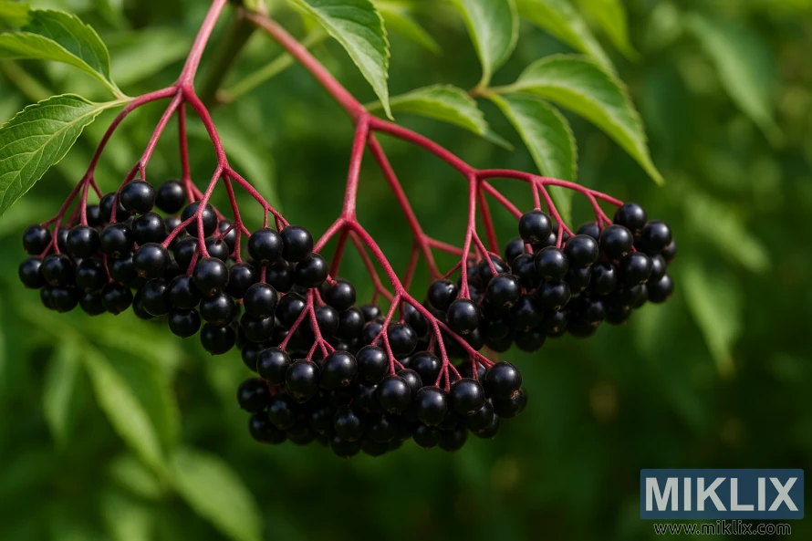 Крупный план спелых гроздей бузины с темными фиолетово-черными ягодами и красными стеблями на фоне зеленой листвы, демонстрирующий надлежащие показатели спелости. Крупный план спелых гроздей бузины с темными фиолетово-черными ягодами и красными стеблями на фоне зеленой листвы, демонстрирующий надлежащие показатели спелости.