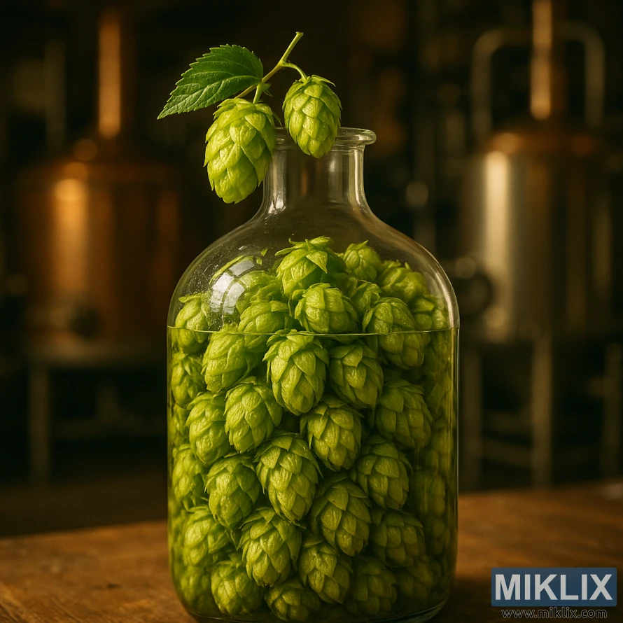 Стаклена посуда напуњена шишаркама хмеља која приказује процес сувог хмељања.