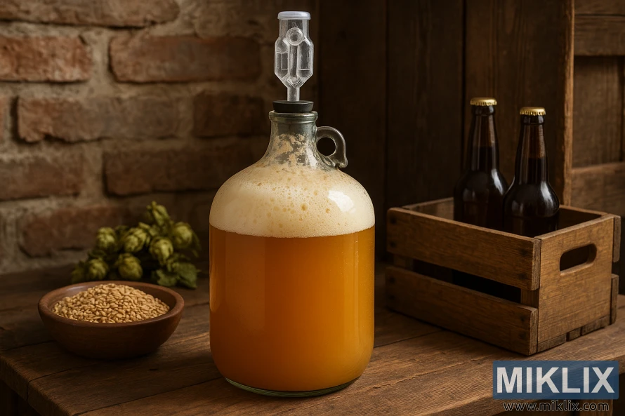 മാൾട്ട്, ഹോപ്സ്, കുപ്പികൾ എന്നിവയാൽ ചുറ്റപ്പെട്ട, മരത്തിന്റെയും ഇഷ്ടികയുടെയും നാടൻ പശ്ചാത്തലത്തിൽ, അവ്യക്തമായ സ്വർണ്ണ നിറത്തിലുള്ള ഹെഫ്‌വെയ്‌സൺ ബിയർ നിറച്ച ഗ്ലാസ് ഫെർമെന്റർ.
