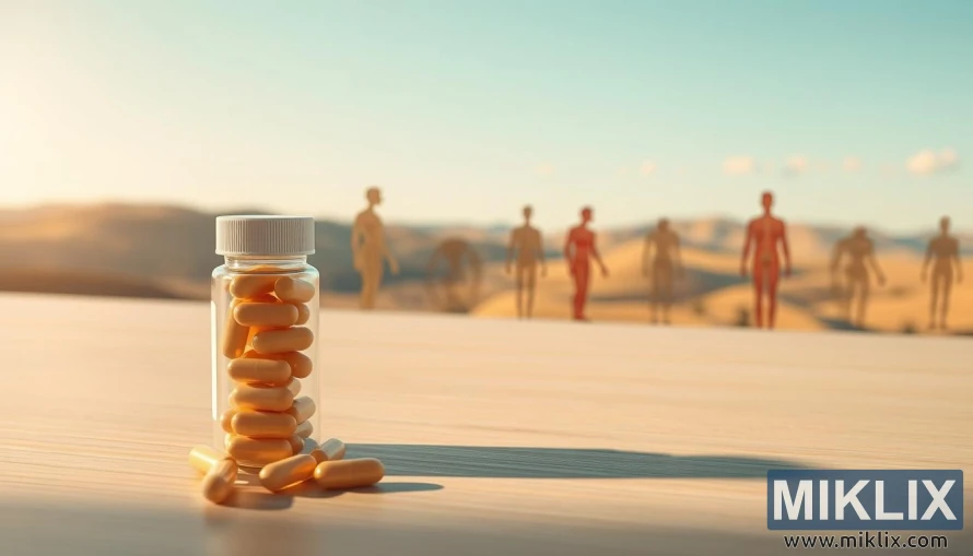 Chondroitin capsules sa kahoy na ibabaw na may magkasanib na mga guhit at matahimik na tanawin.