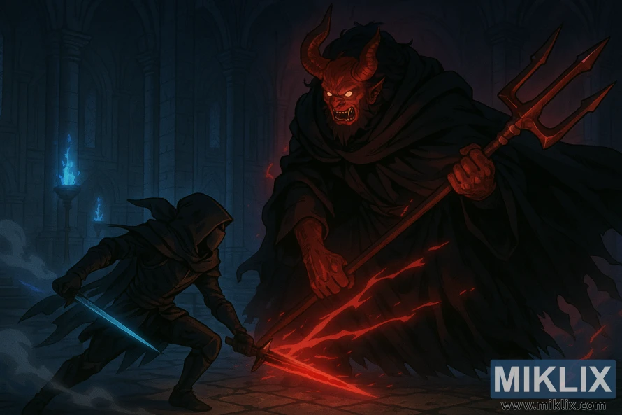 Anime-style Elden Ring battle scene of the Tarnished confronting Mohg, the Omen inside a dark cathedral, with the Tarnished wielding a sword and Mohg holding a large trident.