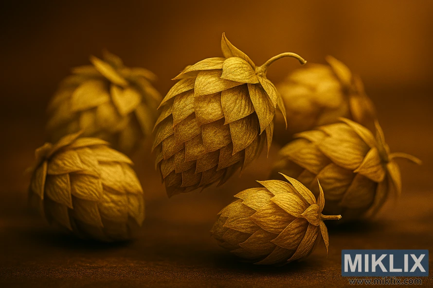 Lähikuva kullanvihreistä humalankäpyistä lämpimässä studiovalaistuksessa ja sumealla taustalla