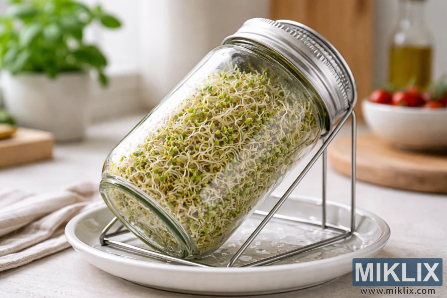 Masonkrukke fylt med friske alfalfaspirer hviler i en vinkel på et metallstativ over en hvit tallerken for drenering i et lyst kjøkken.