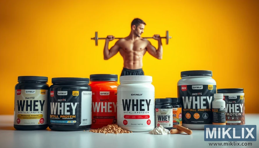 Contenitori di proteine del siero del latte con un atleta che solleva pesi in uno studio luminoso. Contenitori di proteine del siero del latte con un atleta che solleva pesi in uno studio luminoso.