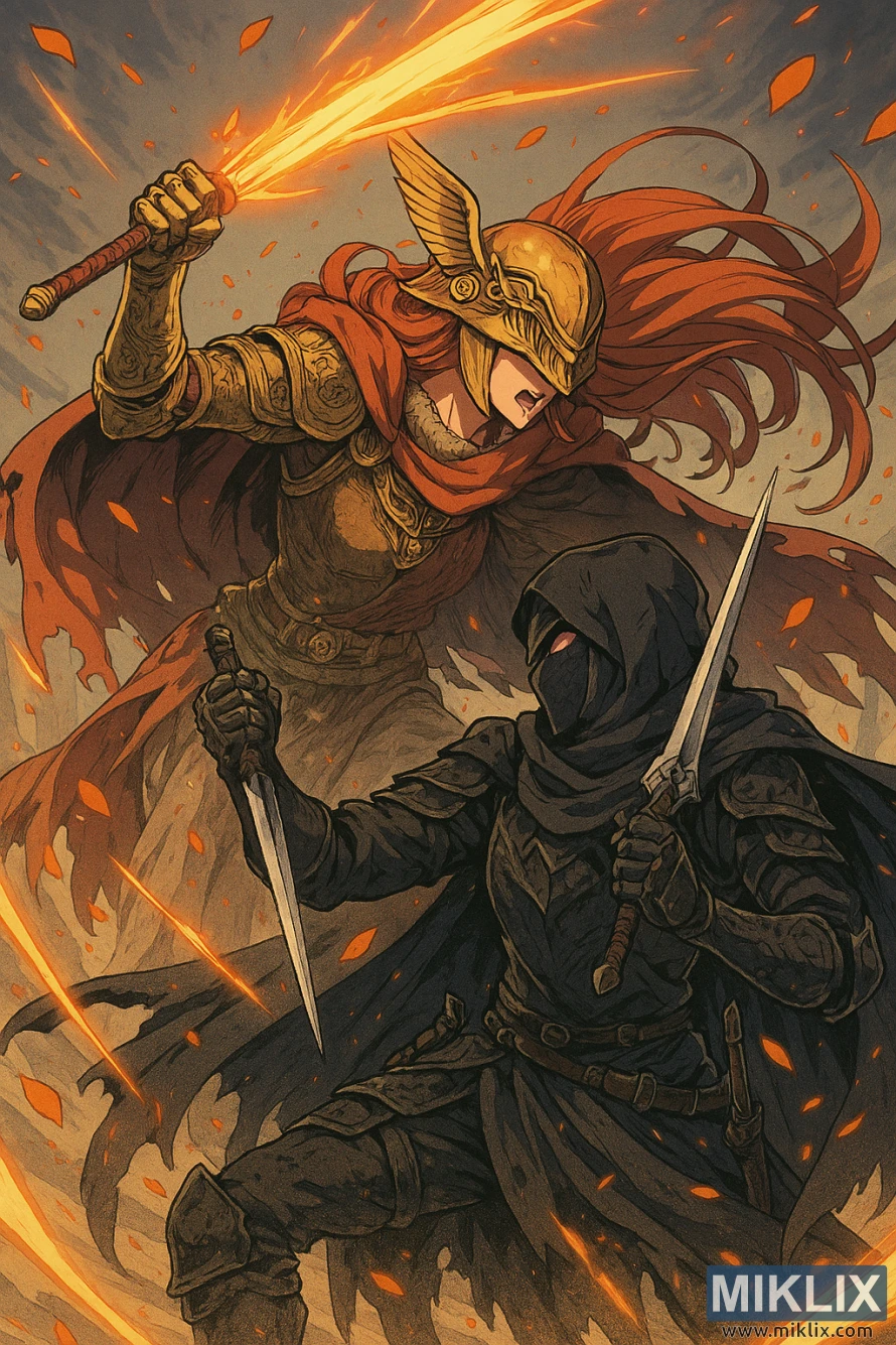 Anime-style illustration of Black Knife assassin battling Malenia, Blade of Miquella from Elden Ring