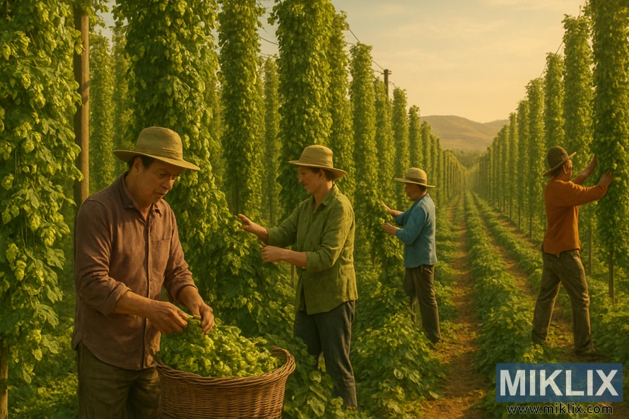 A munkások Szerebrianka komlótobozokat szüretelnek egy napsütötte őszi mezőn, magas kapákkal, lugasokkal és lankás dombokkal a háttérben. A munkások Szerebrianka komlótobozokat szüretelnek egy napsütötte őszi mezőn, magas kapákkal, lugasokkal és lankás dombokkal a háttérben.
