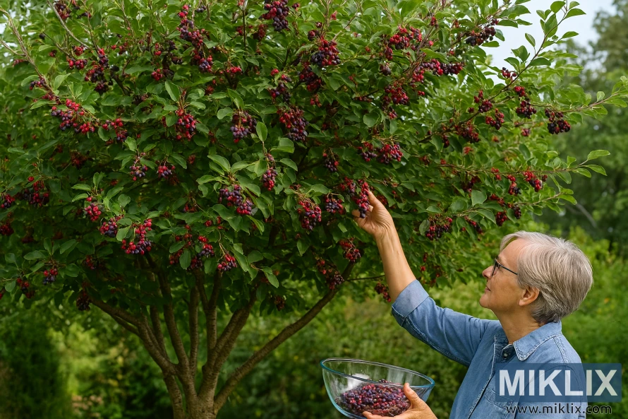 Elderly woman harvesting ripe serviceberries from a lush mature tree in a garden. Elderly woman harvesting ripe serviceberries from a lush mature tree in a garden.